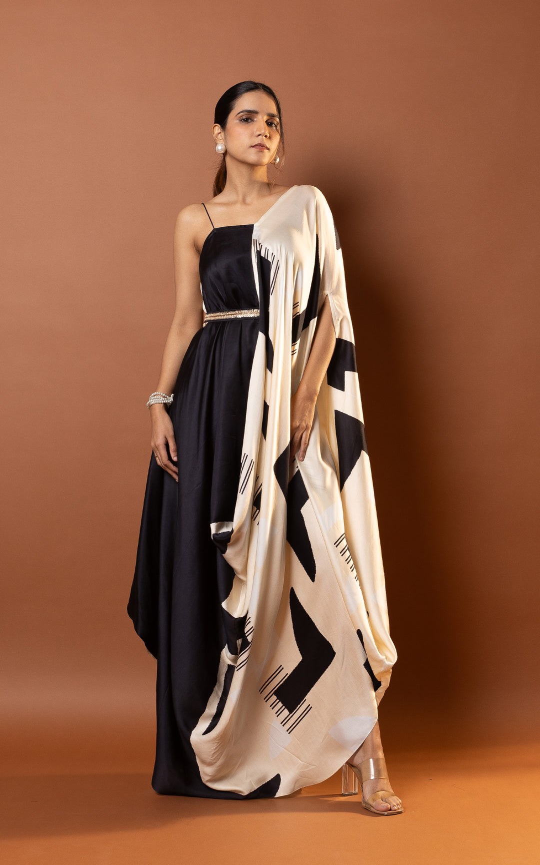 Geometric Printed Asymmetric Draped Dress – Vedika M