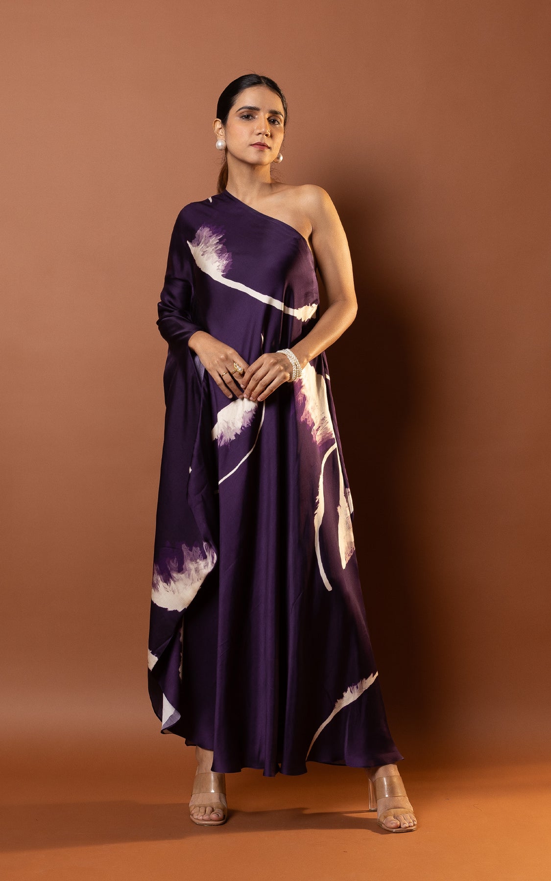 Abstract Printed Kaftan Style One Shoulder Drape Dress Vedika M Abstract Printed Kaftan Style One Shoulder Drape Dress Vedika M